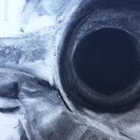 Detail of a black-and-white charcoal drawing showing the handle and mouth of a dented metal pitcher