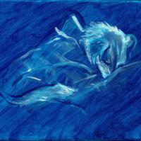 A blue painting of a dog curled up, asleep