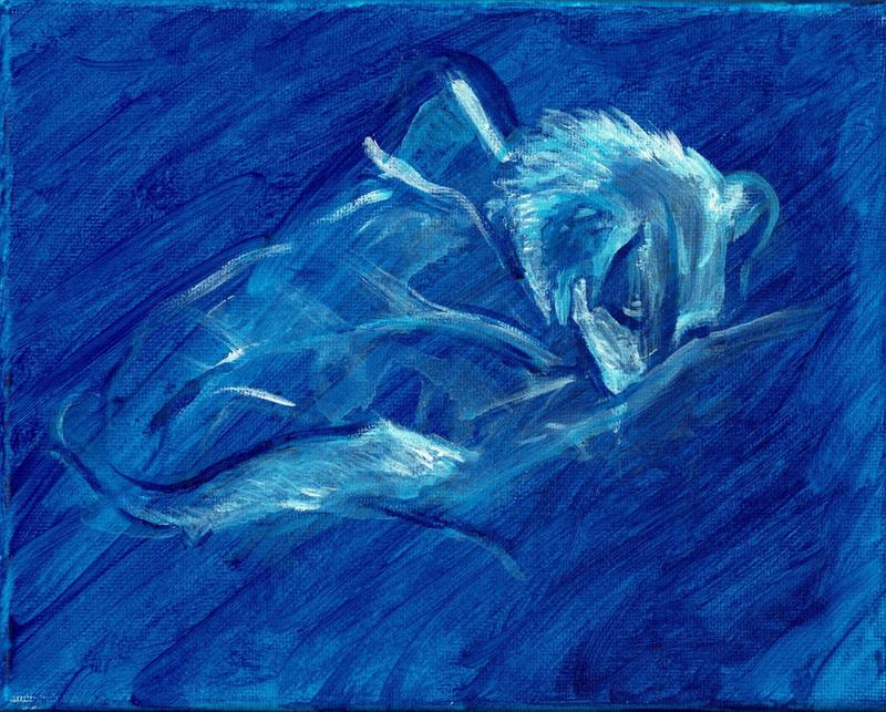 A blue painting of a dog curled up, asleep
